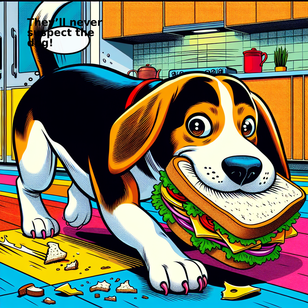 Daily Evil Beagle archive cartoon for April 22, 2026: Rufus thinks, "They’ll never suspect the dog!"