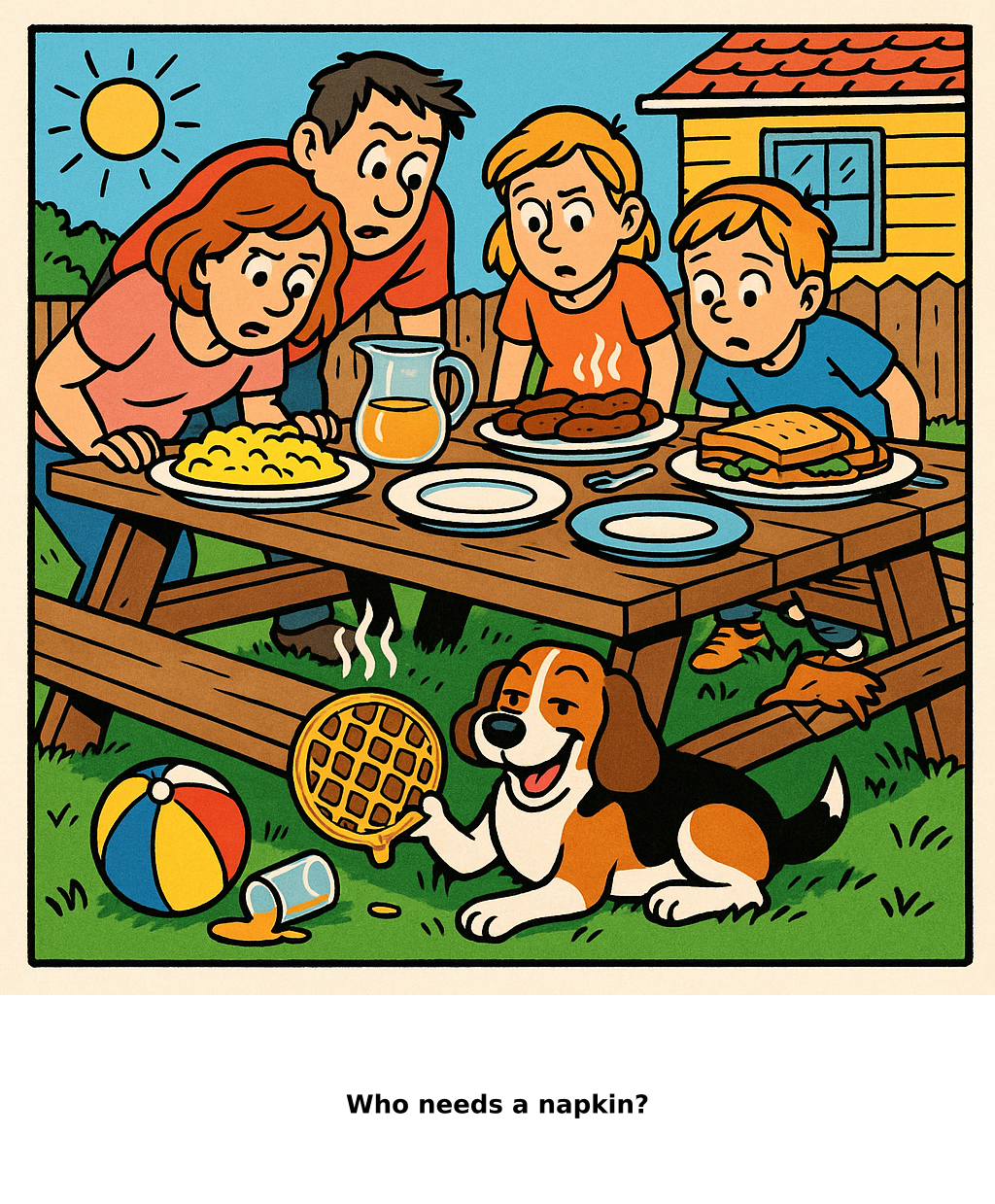 Daily Evil Beagle cartoon for June 21, 2026: Rufus thinks, "Who needs a napkin?"
