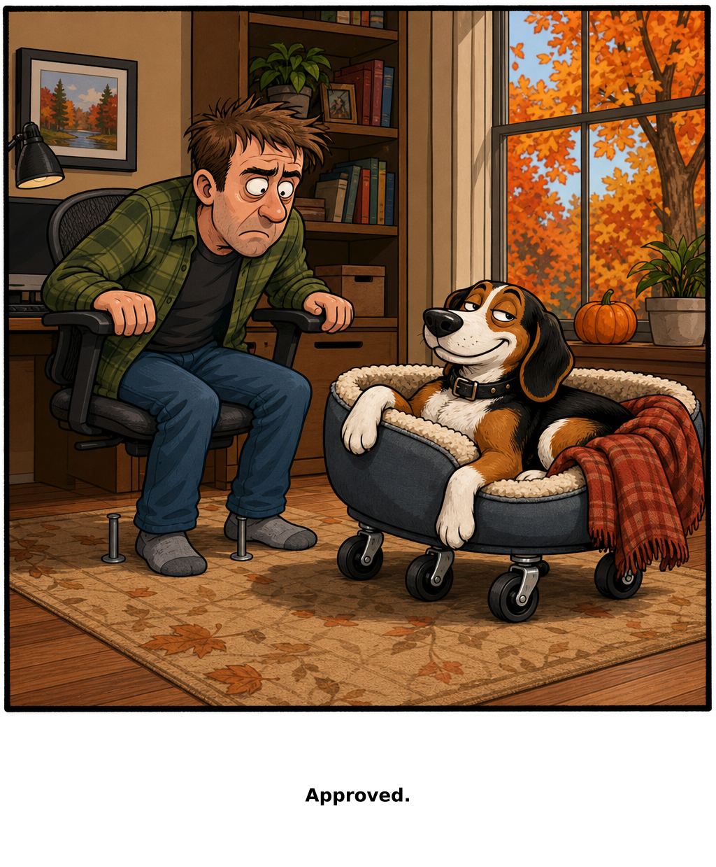 Daily Evil Beagle cartoon for September 26, 2026: The ergonomic review transferred all four casters.
