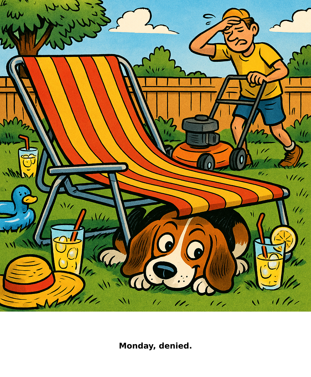 Daily Evil Beagle cartoon for August 10, 2026: Rufus thinks, "Monday, denied."