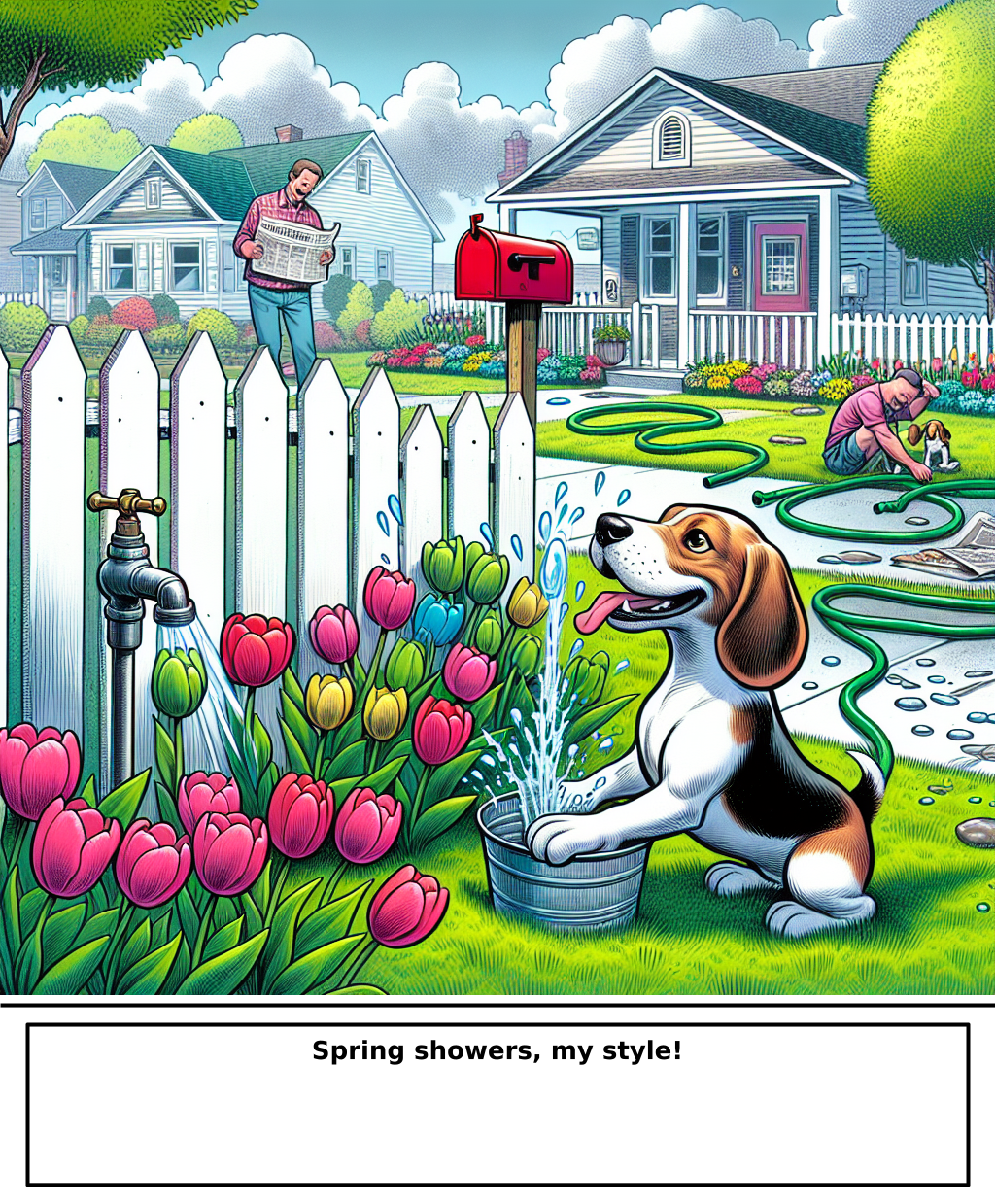 Daily Evil Beagle archive cartoon for April 25, 2026: Rufus thinks, "Spring showers, my style!"