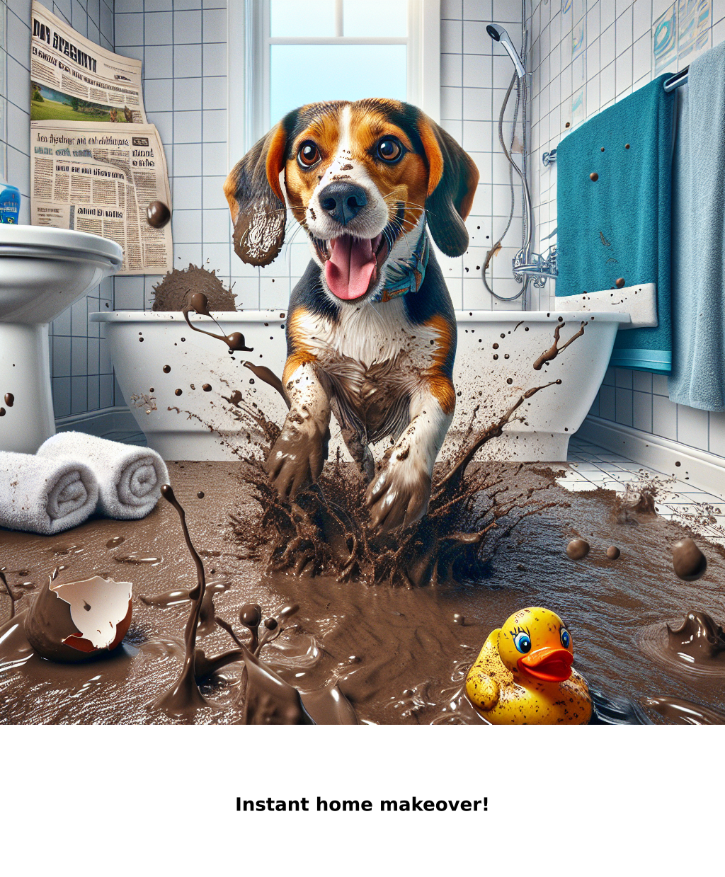 Daily Evil Beagle cartoon for May 9, 2026: Rufus thinks, "Instant home makeover!"