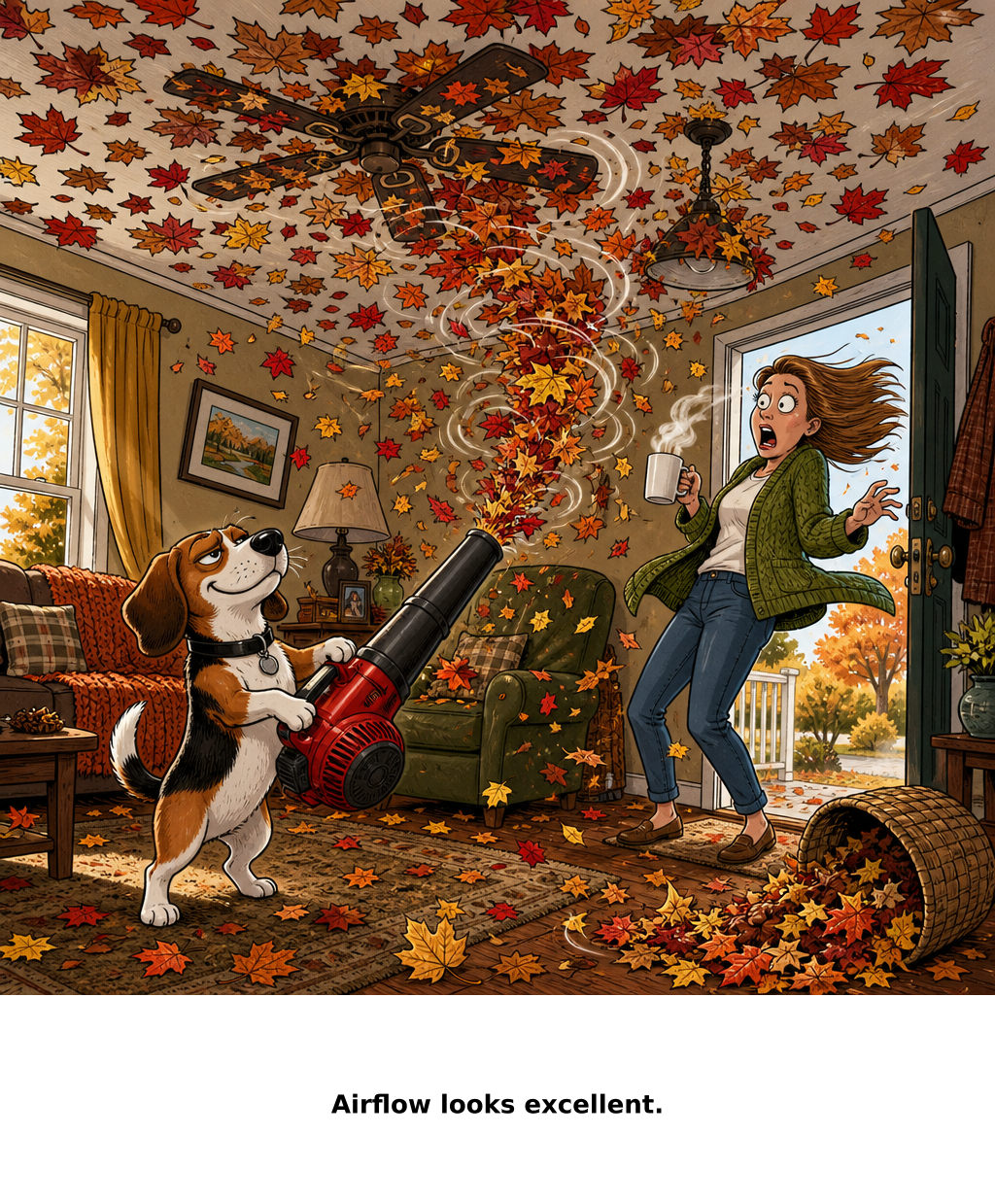 Daily Evil Beagle cartoon for October 9, 2026: On the bright side, nobody had to rake the ceiling.