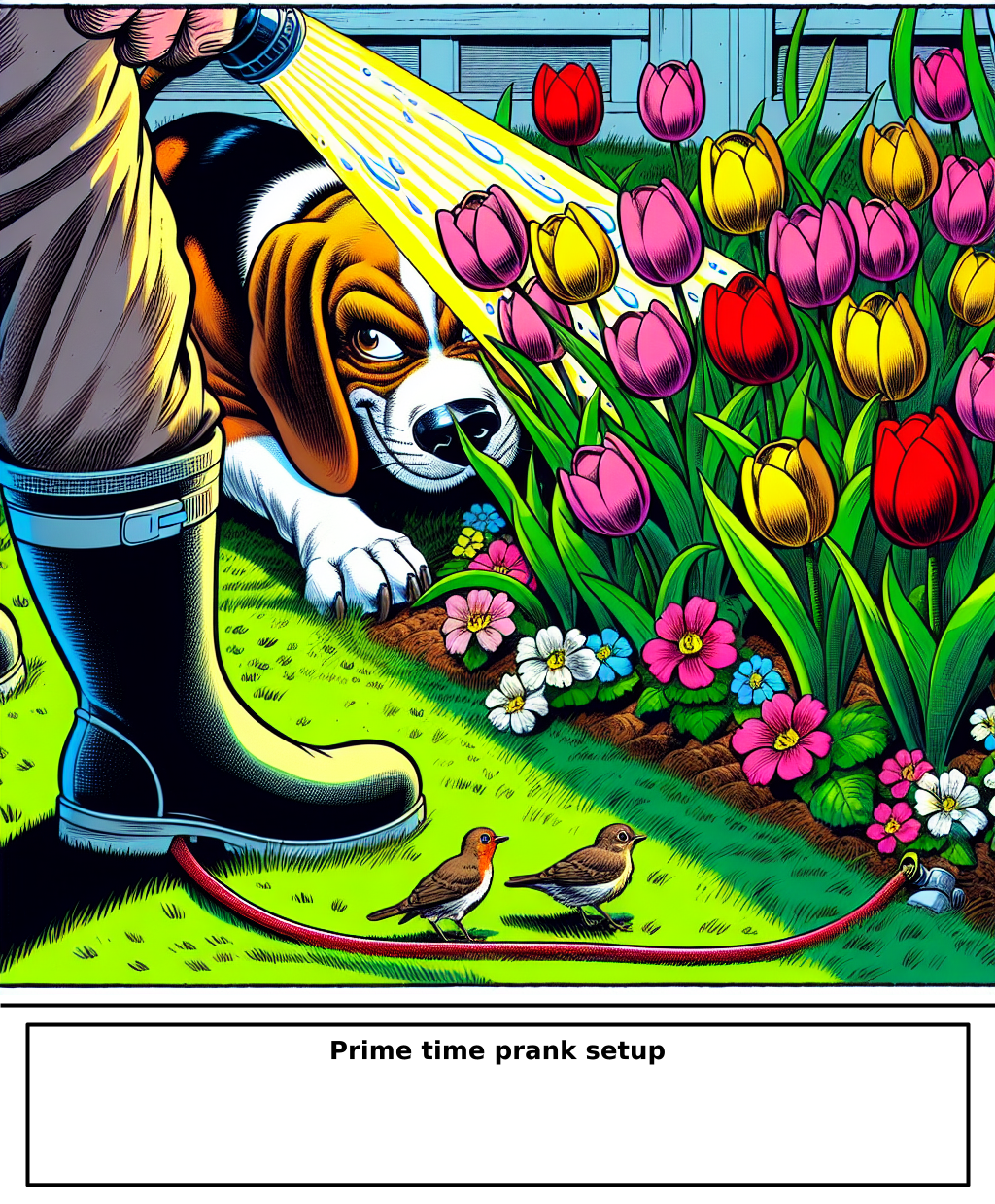 Daily Evil Beagle cartoon for April 30, 2026: Rufus thinks, "Prime time prank setup"
