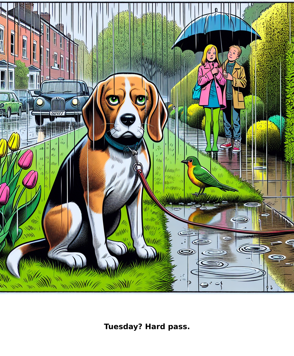 Daily Evil Beagle cartoon for May 5, 2026: Rufus thinks, "Tuesday? Hard pass."