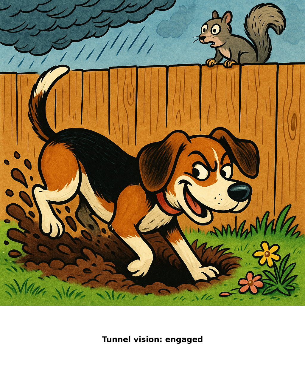 Daily Evil Beagle cartoon for May 29, 2026: Rufus thinks, "Tunnel vision: engaged"