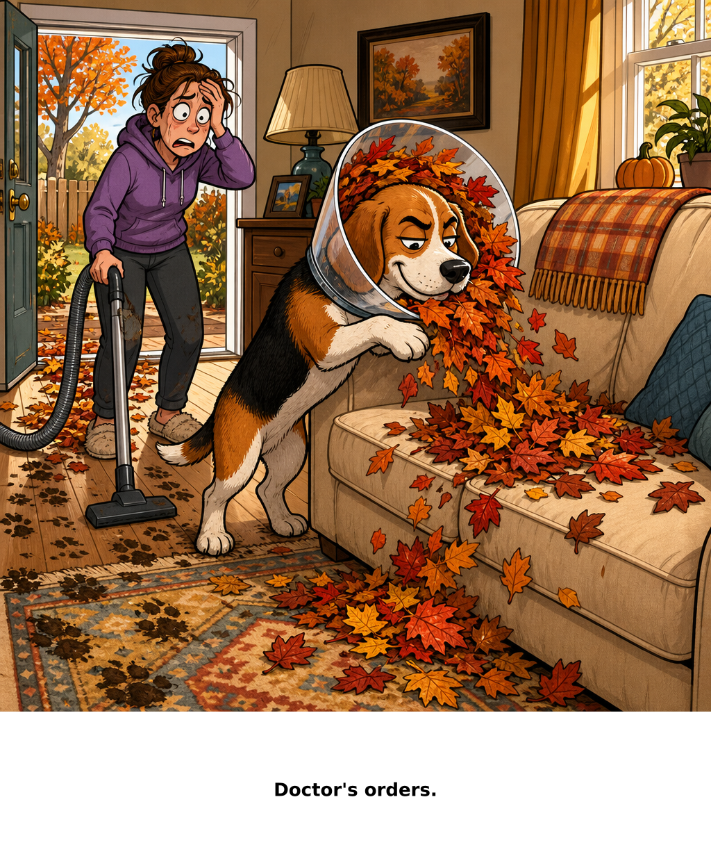 Daily Evil Beagle cartoon for October 23, 2026: The vet neglected to mention that the cone holds exactly one couchful of leaves.