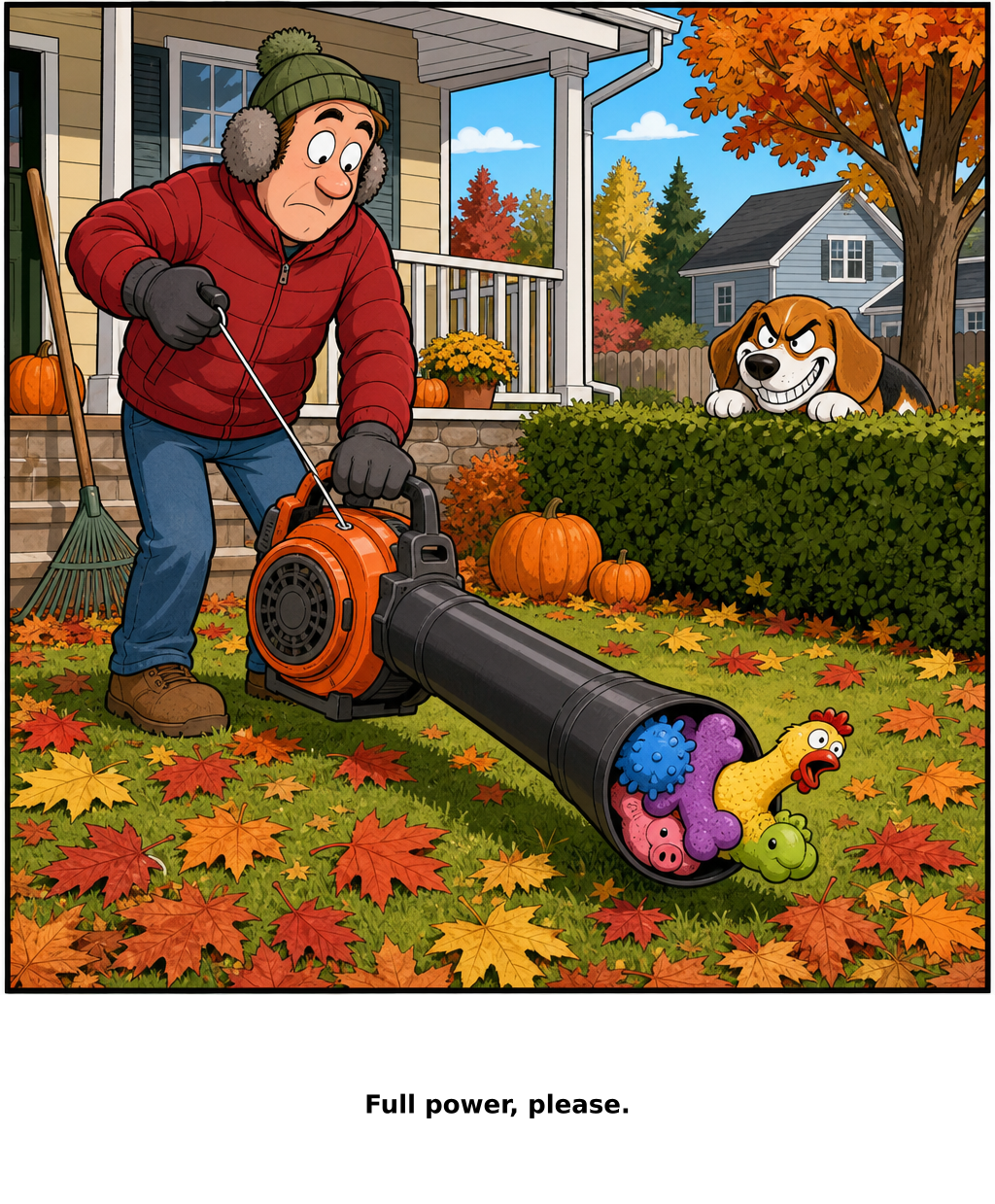 Daily Evil Beagle cartoon for October 20, 2026: The forecast called for scattered squeakers.