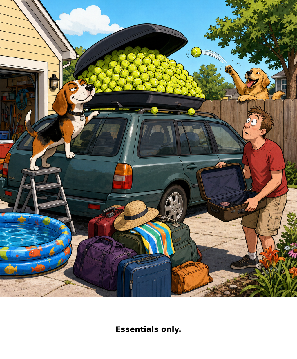 Daily Evil Beagle cartoon for August 31, 2026: The packing list had been peer-reviewed by a retriever.