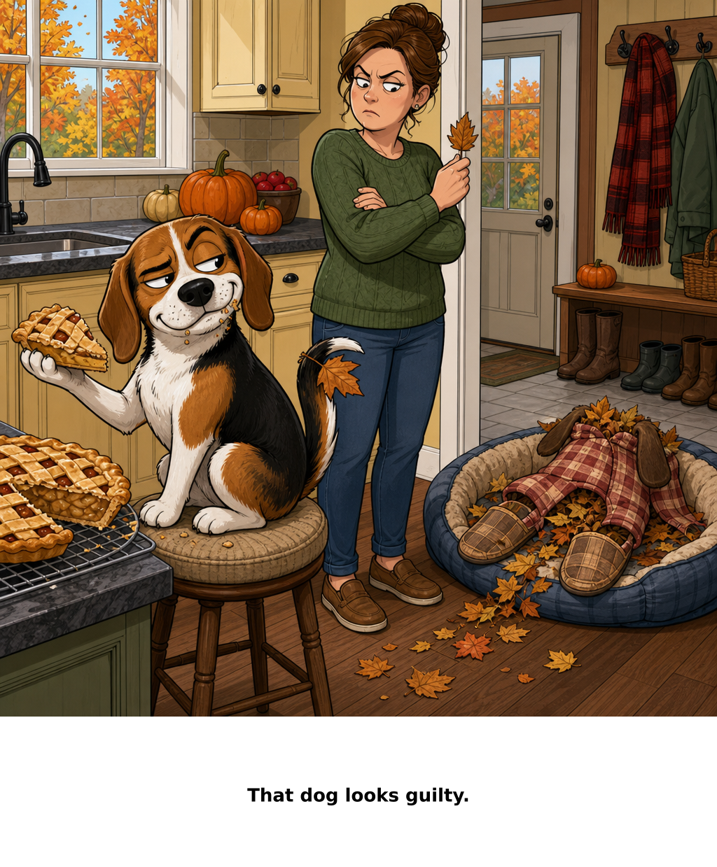 Daily Evil Beagle cartoon for October 27, 2026: Rufus, your alibi is shedding.