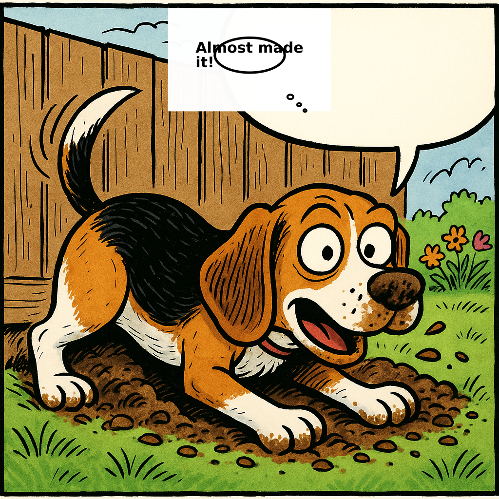 Daily Evil Beagle cartoon for May 15, 2026: Rufus thinks, "Almost made it!"