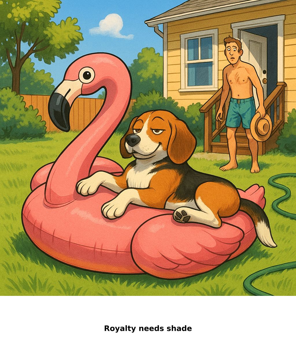 Daily Evil Beagle cartoon for August 23, 2026: Rufus thinks, "Royalty needs shade"