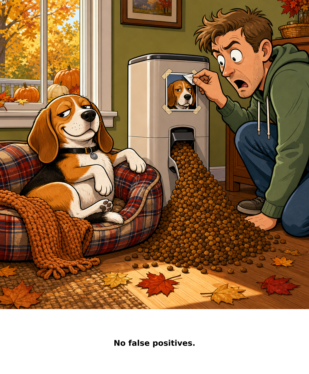 Daily Evil Beagle cartoon for September 12, 2026: I taught Rufus facial recognition. He taught it one face.