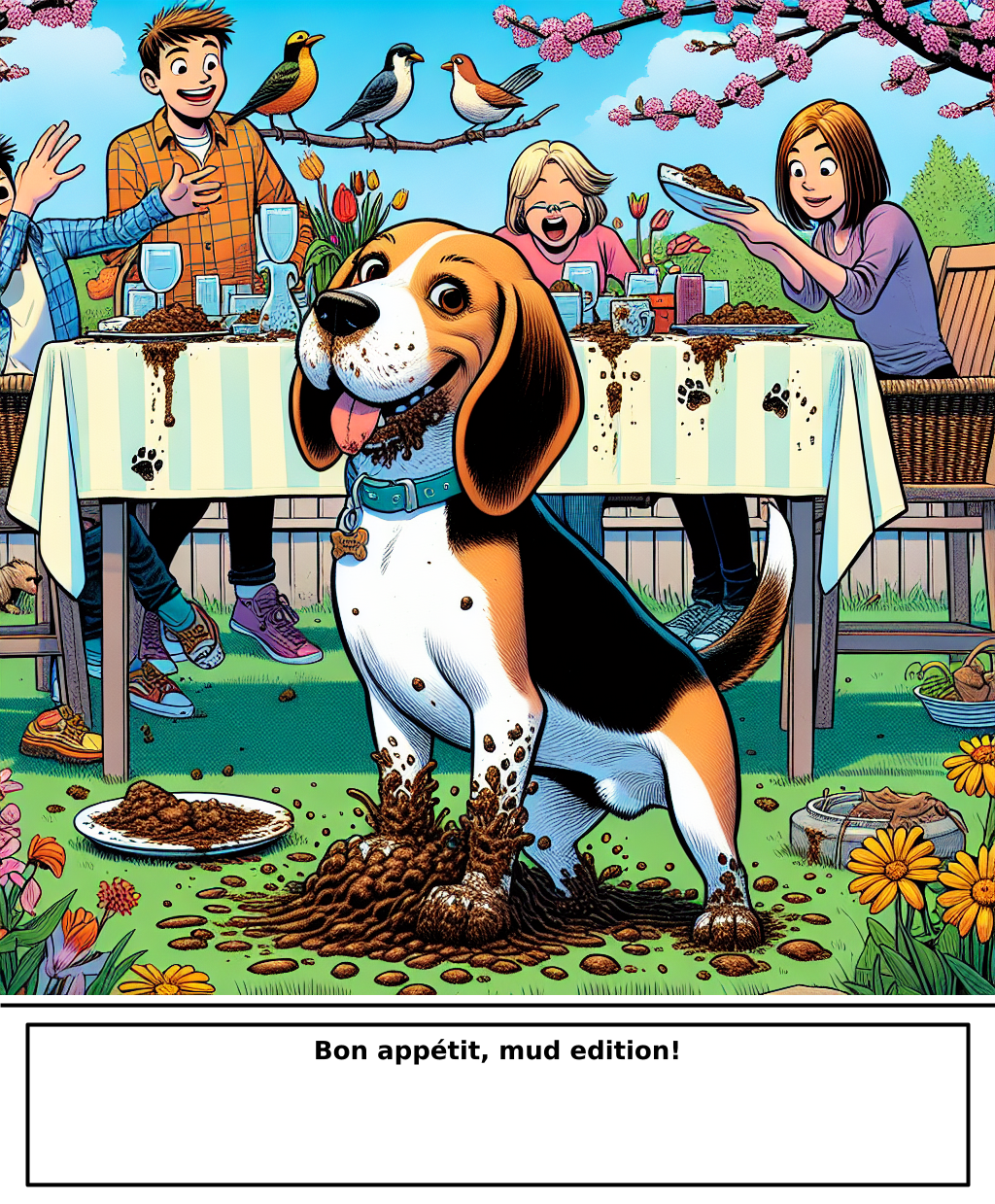 Daily Evil Beagle cartoon for April 26, 2026: Rufus thinks, "Bon appétit, mud edition!"