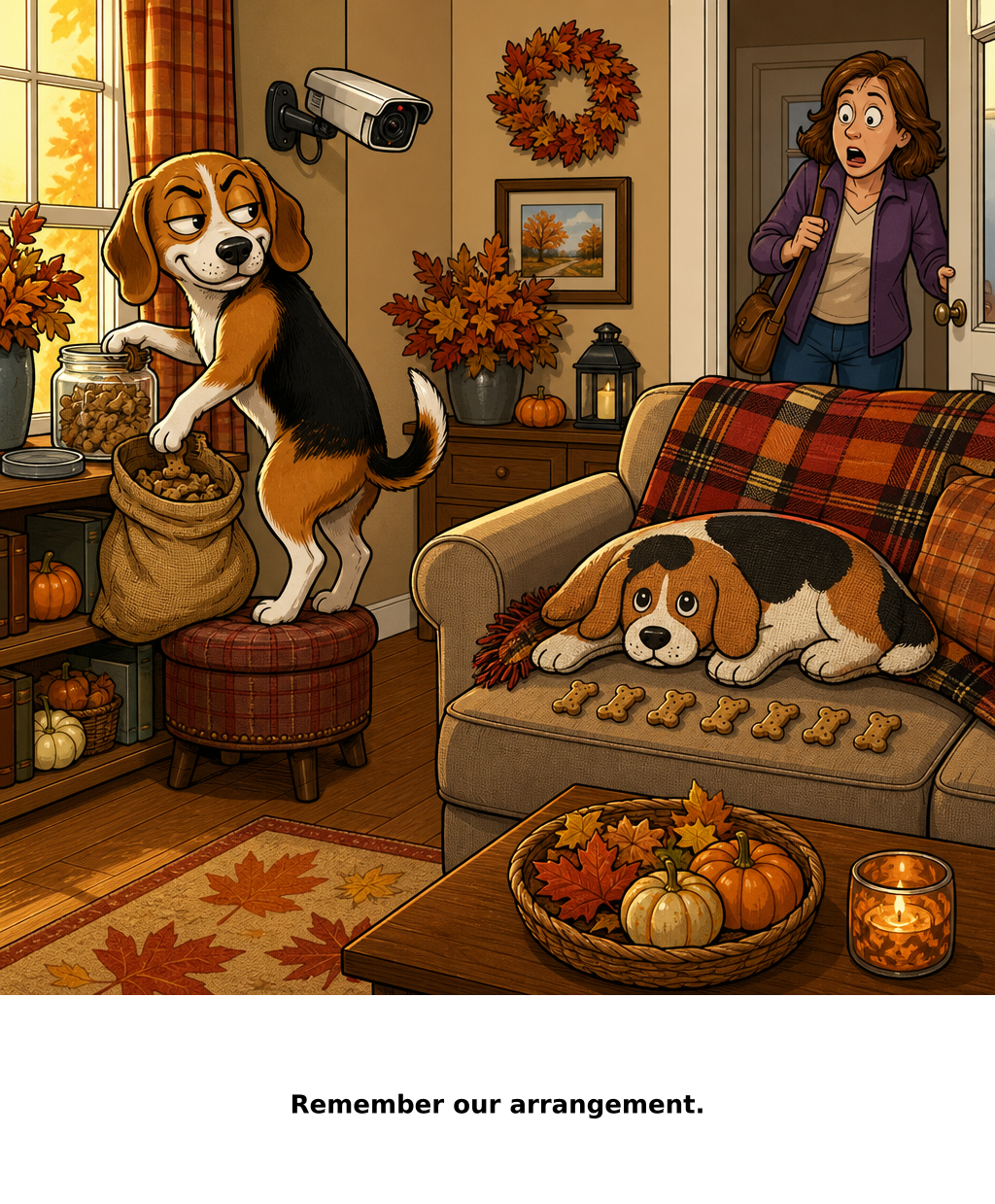 Daily Evil Beagle cartoon for September 17, 2026: For six biscuits, the throw pillow gave Rufus an alibi.