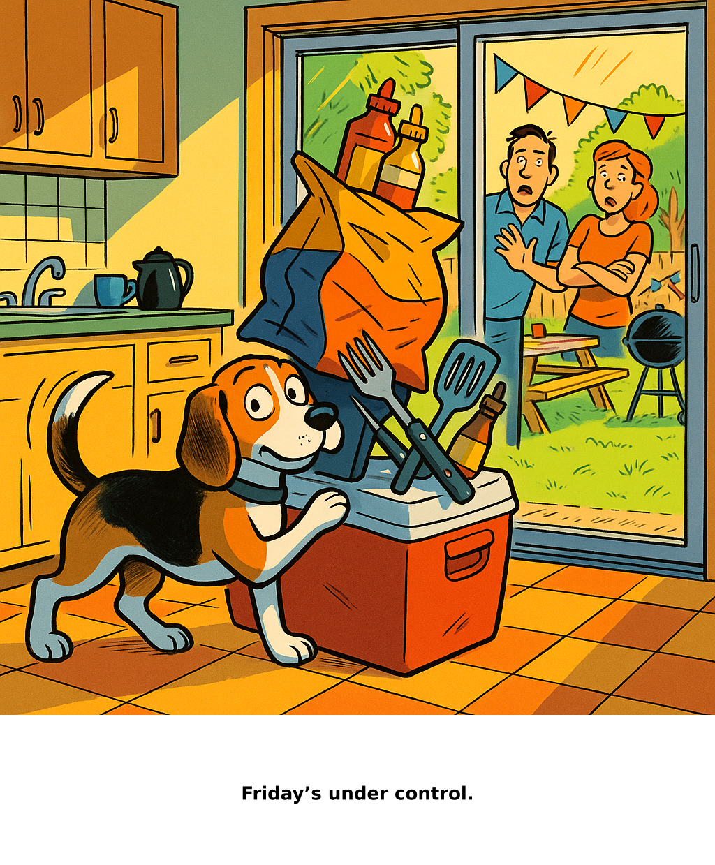 Daily Evil Beagle cartoon for June 19, 2026: Rufus thinks, "Friday’s under control."
